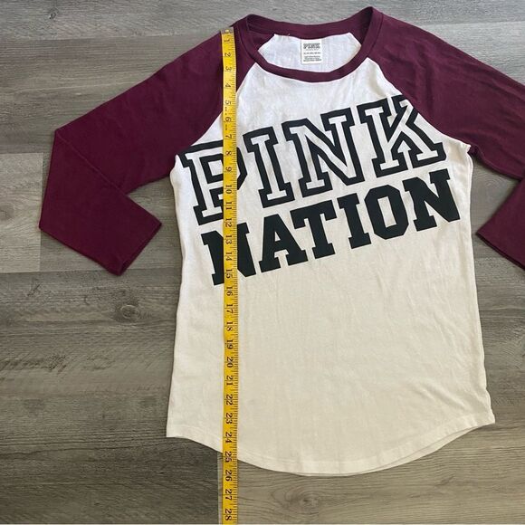 Victoria’s Secret PINK Nation Baseball Tee Oversized XS Maroon White - Picture 8 of 12